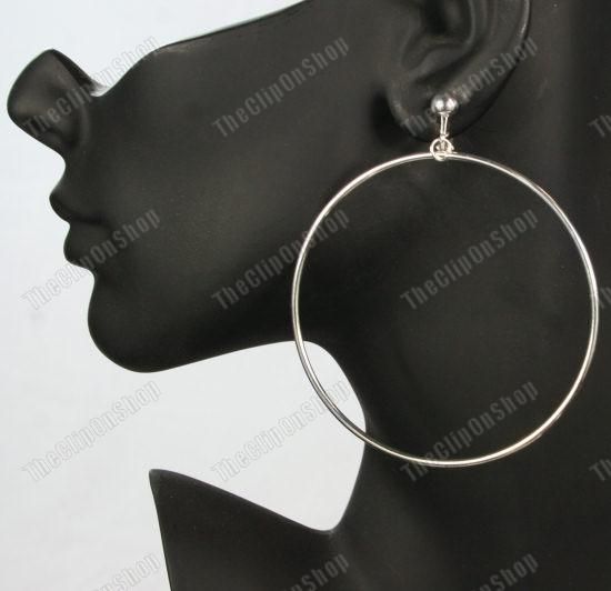 CLIP ON 7cm BIG HOOPS giant HUGE HOOP EARRINGS silver plated clips
