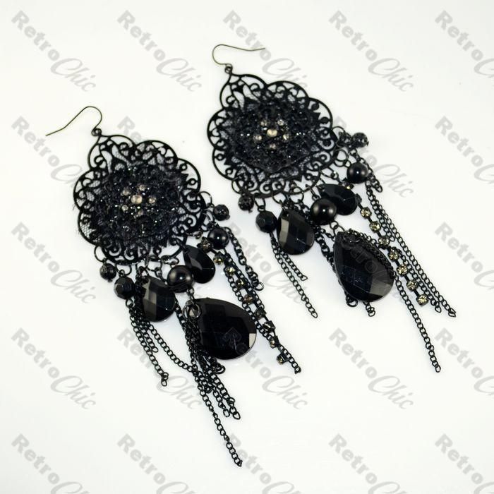 chandelier Lace  vintage Gothic Victorian Chandelier Earrings Goth black Black Big Long earrings Vintage